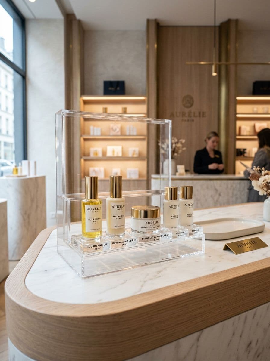 Hochwertiger Acrylaufsteller im modernen Retail Design